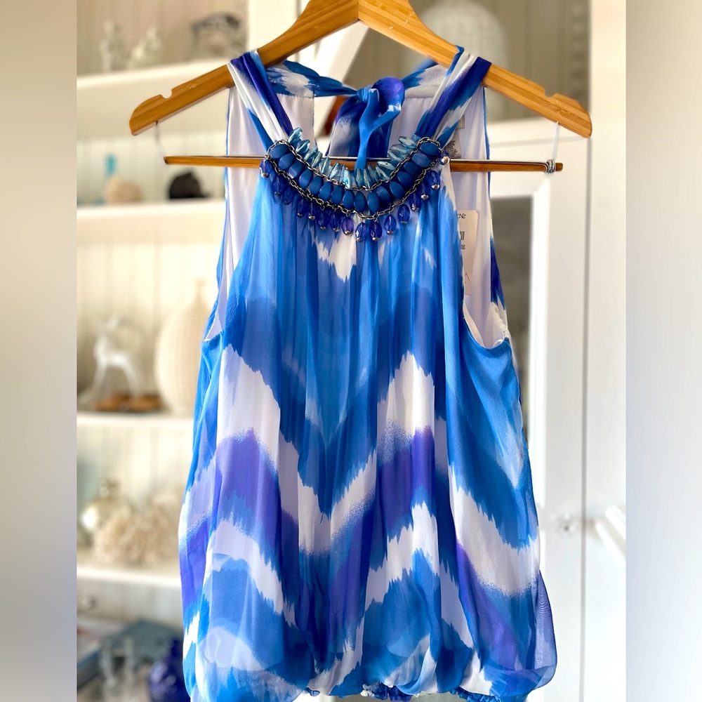 NWT CACHE Women’s Blue Beaded Halter Top Size L